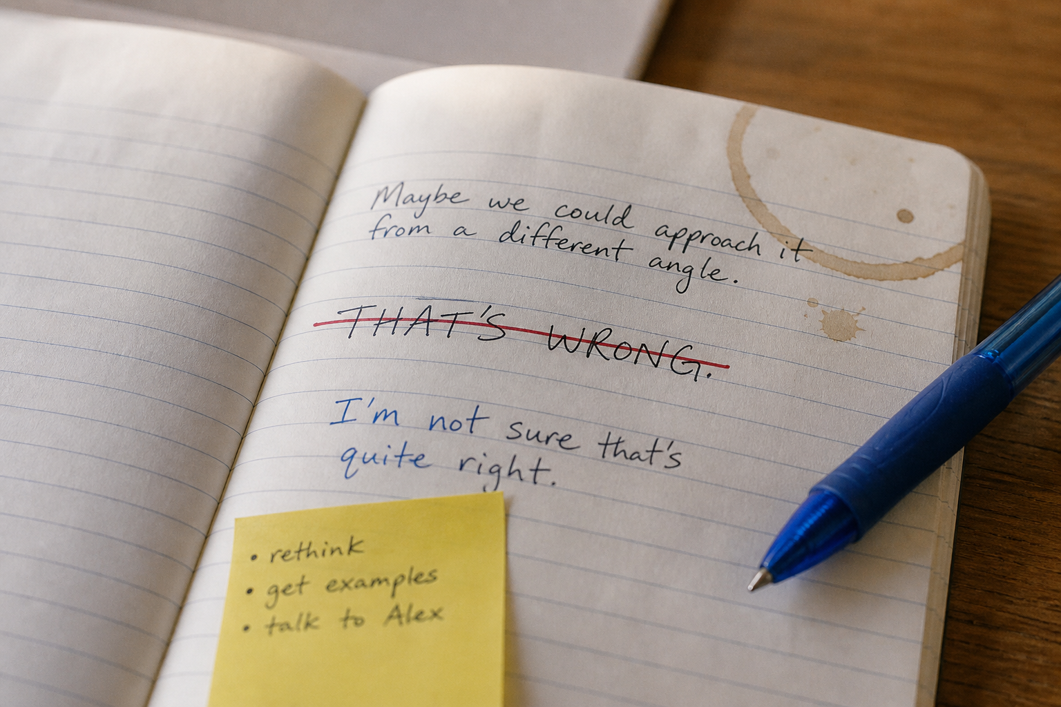 Cuaderno con That’s wrong tachado y una alternativa más educada