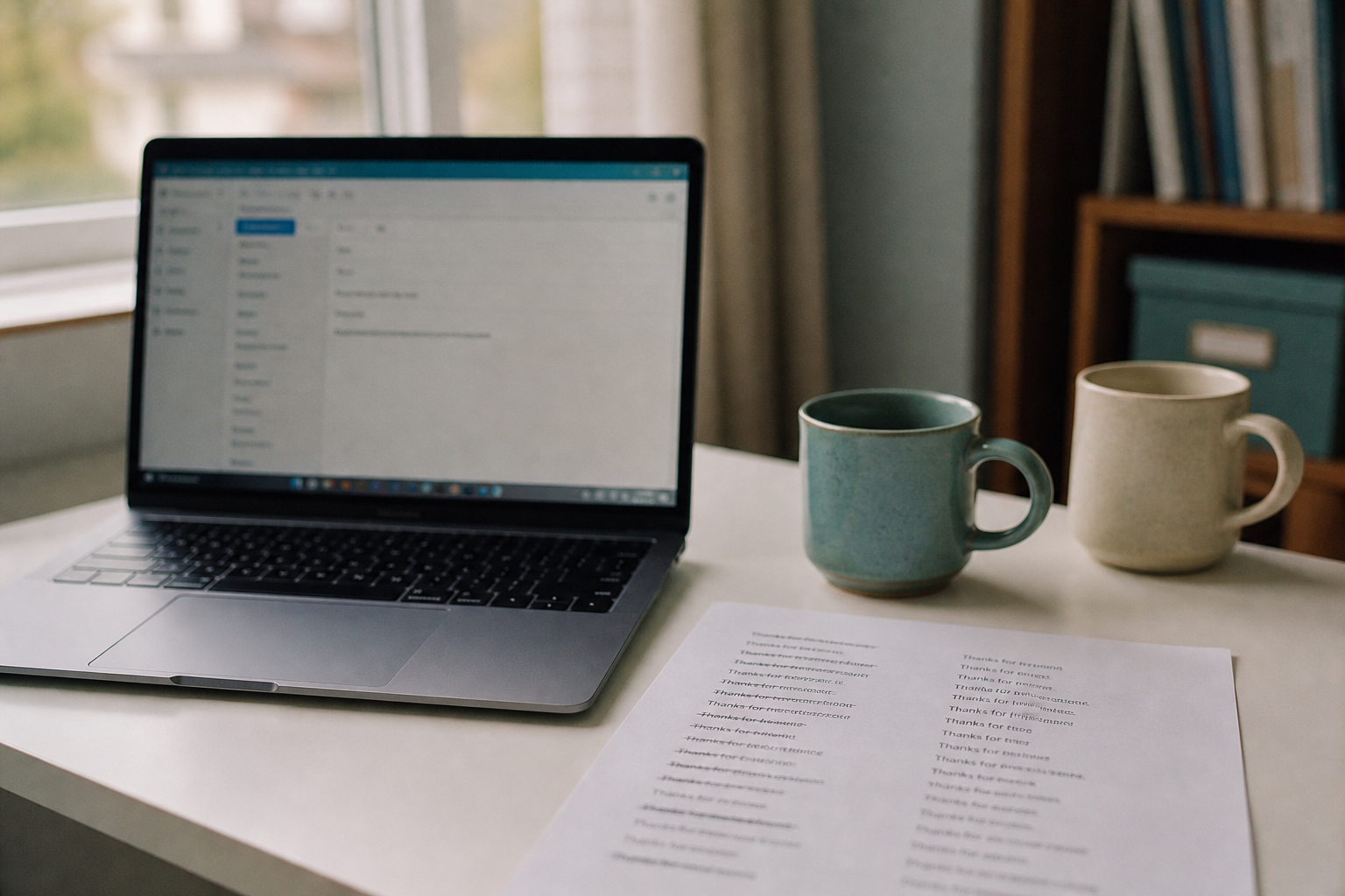 Portátil y dos tazas en un escritorio, con frases en inglés para suavizar el tono