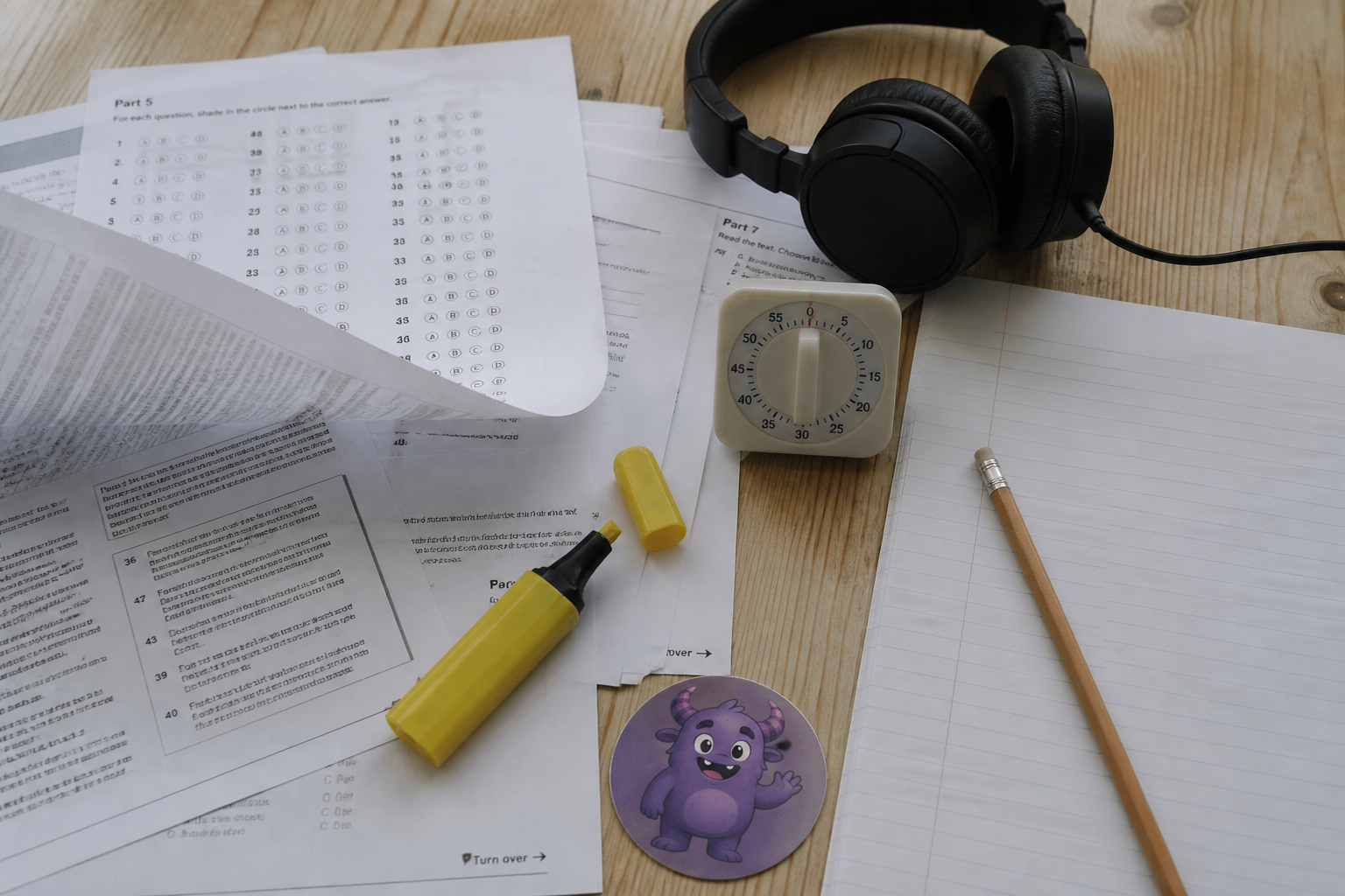 Material para preparar exámenes oficiales de inglés: papeles, temporizador y auriculares